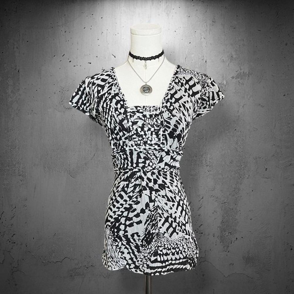 Black & Light Gray Abstract Print Beaded Trim Top
